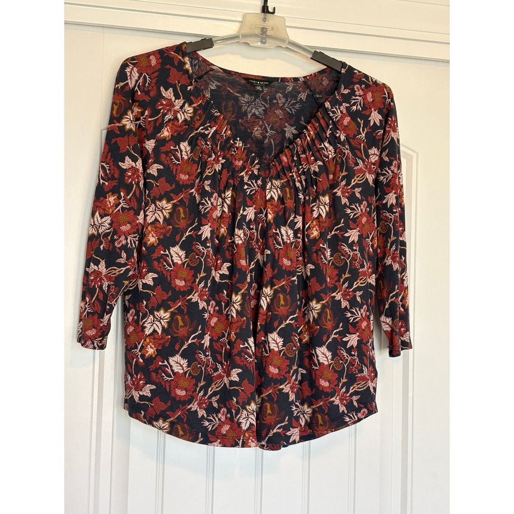 Lucky Brand Women Red Navy Floral Pleated V-Neck 3/4 Sleeve Cotton Modal Top L - Picture 2 of 11